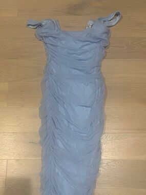 light blue ruched midi dress